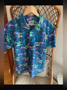 Mens medium Party Pants Tropical Print Polo - Neon Palm